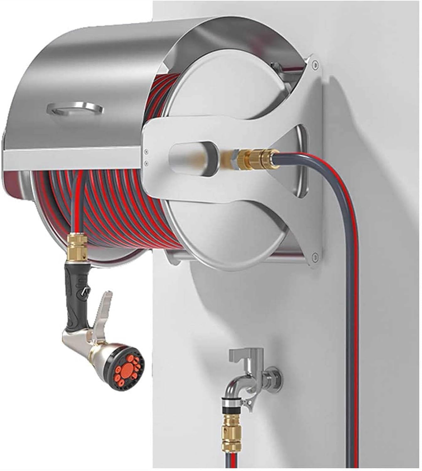 EPANO LXXW Carrete para Manguera Carrete de Manguera de Pared for jardín, Soporte de Acero Inoxidable con manivela, Soporte for mangueras(Rack+20m Hose)