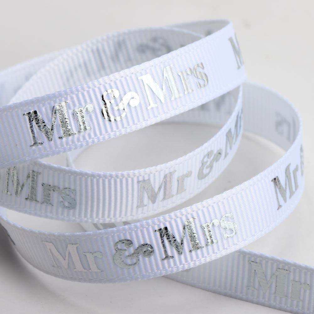 Italian Options Mr & Mrs Ribbon White/Silver Grosgrain (9mm x 20M)