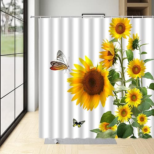 Miniatura 4 de Fsfusvk Cortina de ducha de girasol, primavera, rústico, flores amarillas, mariposa, granja, floral, acuarela, hojas verdes, paisaje, flores, tela