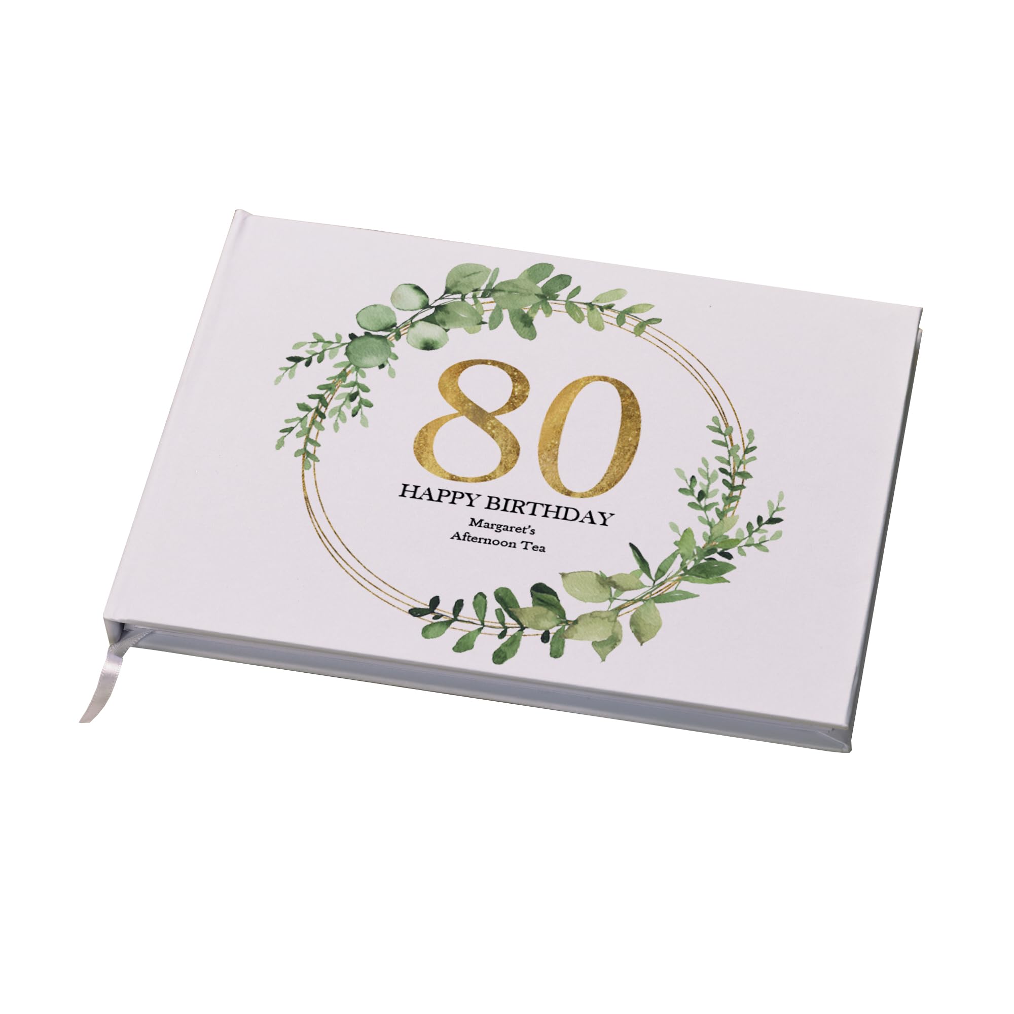 Ukgiftstoreonline White Personalised 80Th Birthday Gift For Her Guest Book Gold Wreath Design