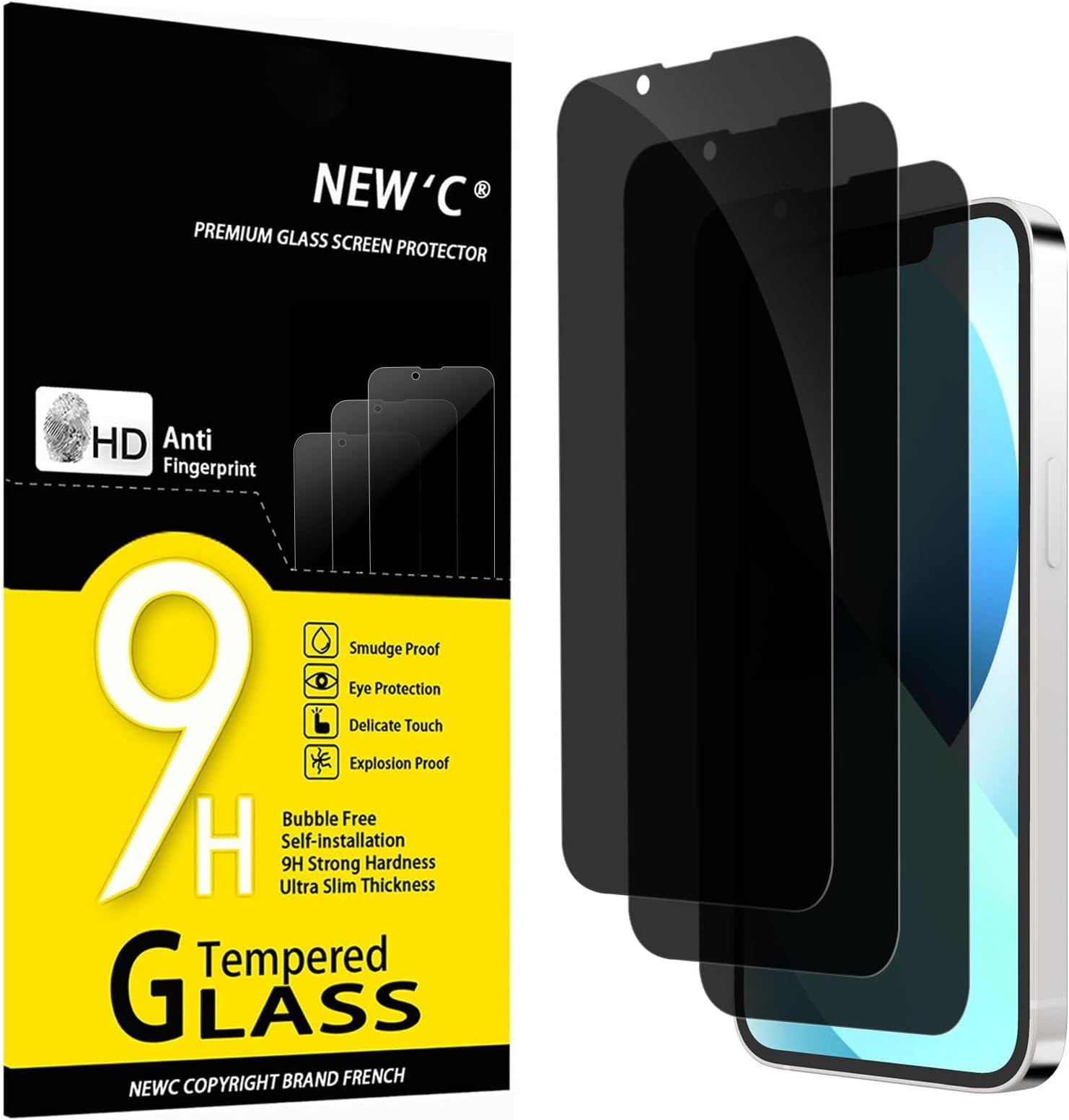 NEW'C Pack of 3 Privacy Screen for iPhone 13 Mini for Tempered Glass (5.4 Inches) for Tempered Glass, Balanced 35 Degree Protection Angle with Eye Protection, Ultra Durable 9H Hardness, Bubble-Free