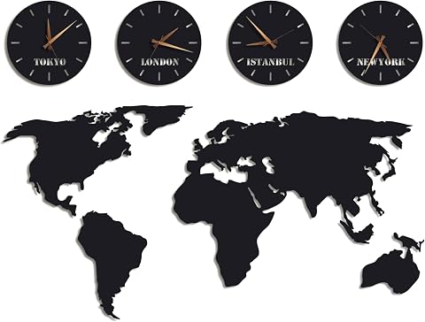 Metal World Map Wall Art with Custom 4 Time Zone Clocks - Large Steel Wall Decor