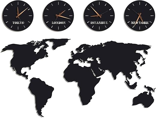 Metal World Map Wall Art with Custom 4 Time Zone Clocks – 1.5 mm Large Office Steel Wall Decor - 27.5x55.1 World Map and 11 Wall Clock
