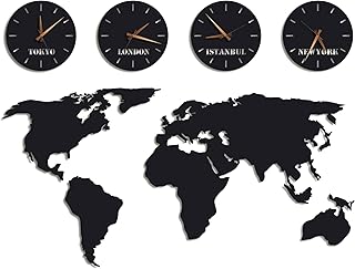 Personalized Metal World Map Wall Art with 4 Time Zone Clocks – 1.5 mm Steel Large Office Wall Decor – Silent Clock Set with City Names – 27.5"x55.1" World Map and 11" Wall Clock