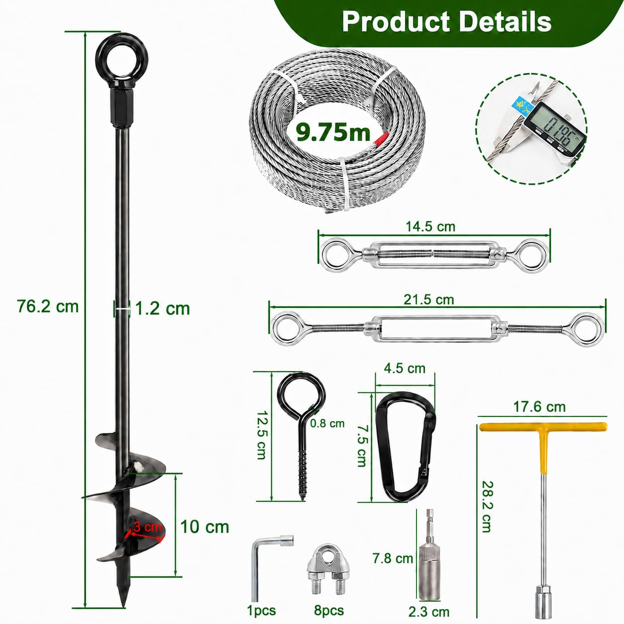 76cm Erdanker zum Eindrehen mit 5mm Verzinkt Drahtseil & Seilspanngarnitur