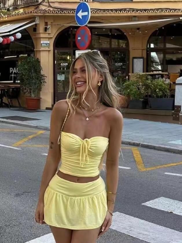 Sexy Two Piece Outfits for Womens Summer Y2K Going Out Tube Top Skirt Mini Dress Rave Festival Beach Club Skort Set - Image 2