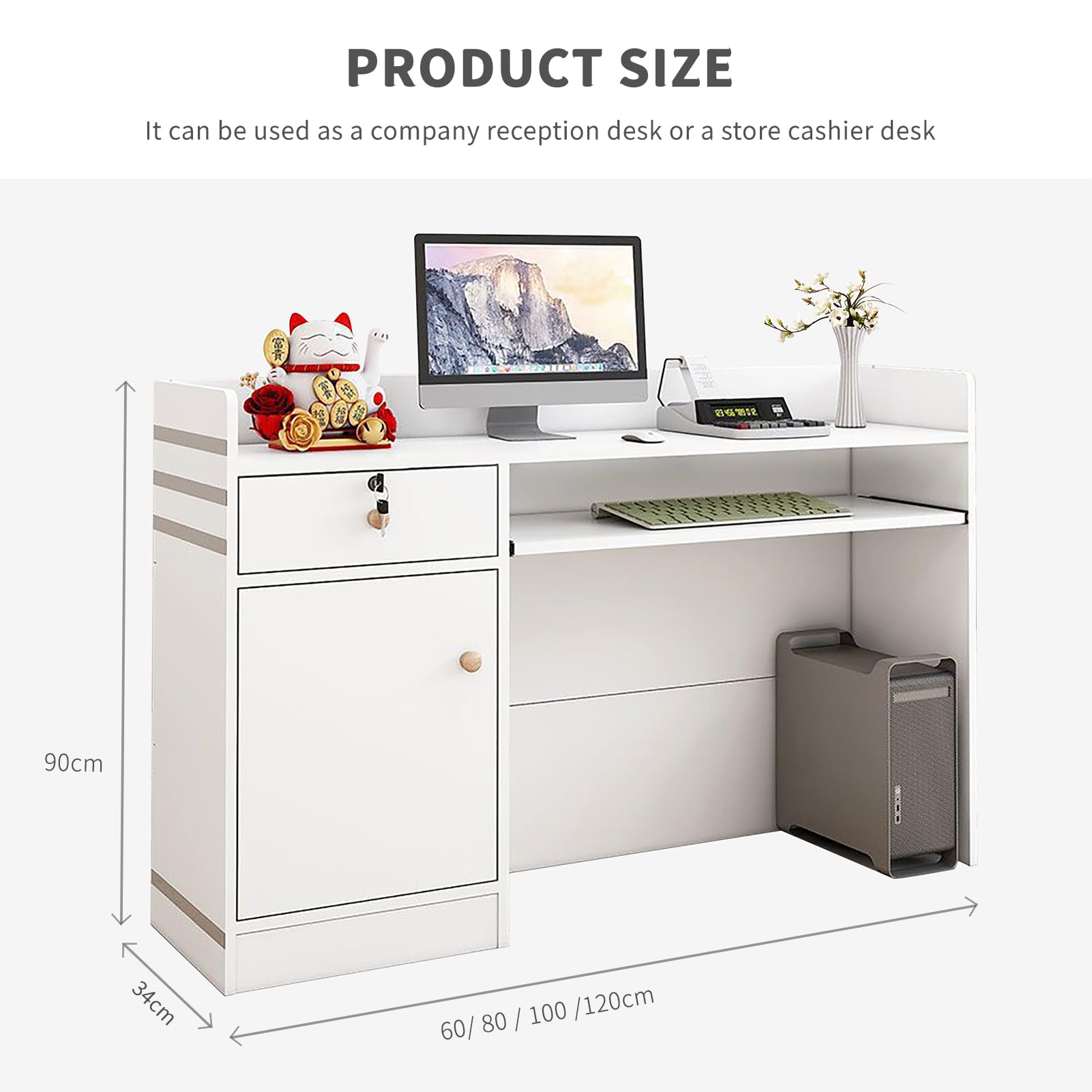 Scrivania moderna per reception con cassetti e spazio di archiviazione, piccola scrivania per ufficio, atrio, negozio, banco cassa per studio o azienda