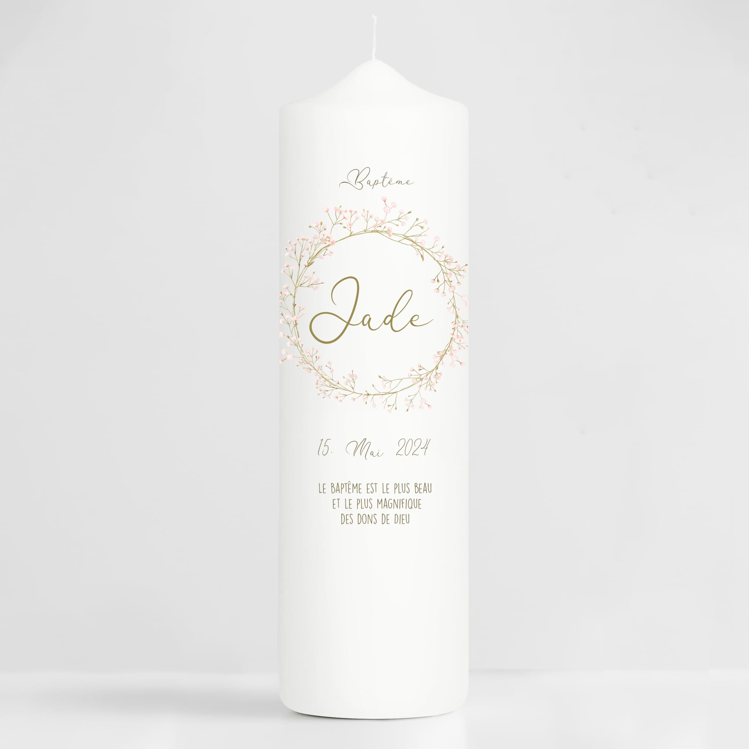 Bougie Baptême personnalisée Fille Garçon motif Couronne de gypsophile – Cierge Baptême avec prénom, date et message – Bougie imprimée – cierge personnalisé – 25 x 7 cm