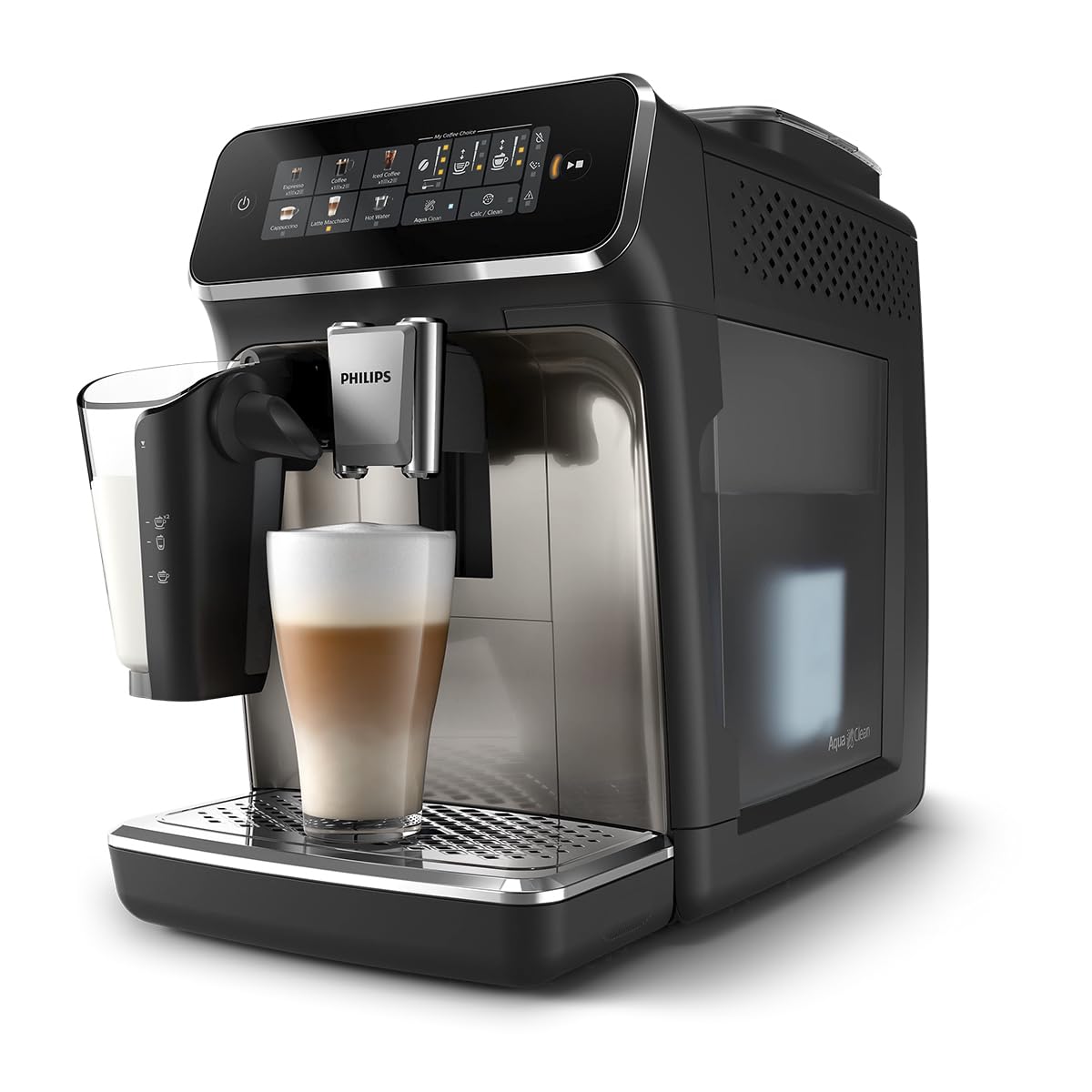 PHILIPS 3300 Series Fully Automatic Espresso Machine - LatteGo Milk System, 5 Coffee Varieties, Intuitive Touch Display, SilentBrew, 100% Ceramic Grinder, AquaClean Filter, Glossy Black (EP3347/90)