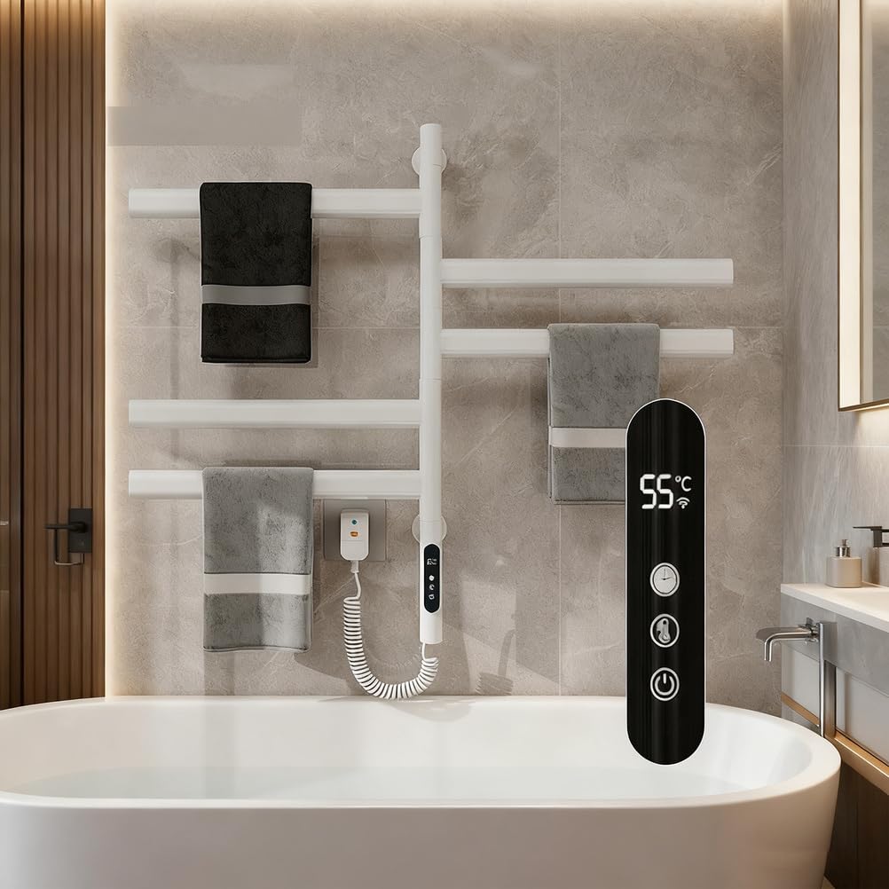 Toallero Electrico Baño Pared, Radiador Toallero Electrico Giratorio 180°, Calentador De Toallas Bajo Consumo,Secador Toallas con Termostato,Temporizador,Pantalla LED,Blanca