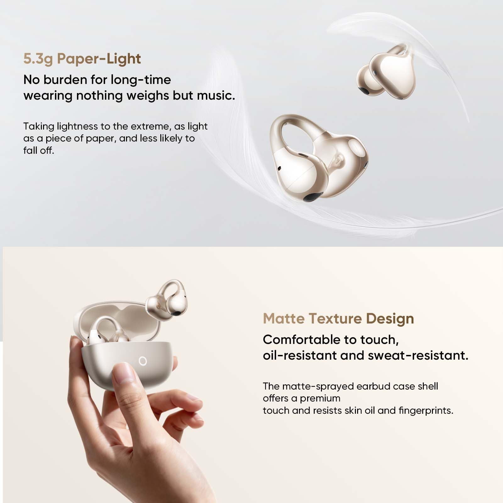 realme Buds Clip Auricolari Bluetooth, Cuffie Wireless Clip-on Aperte, Batteria 43h, Resistenza IPX55, 45ms Bassa Latenza, Audio Spaziale 3D, Traduttore IA, Algoritmo NextBass, Oro