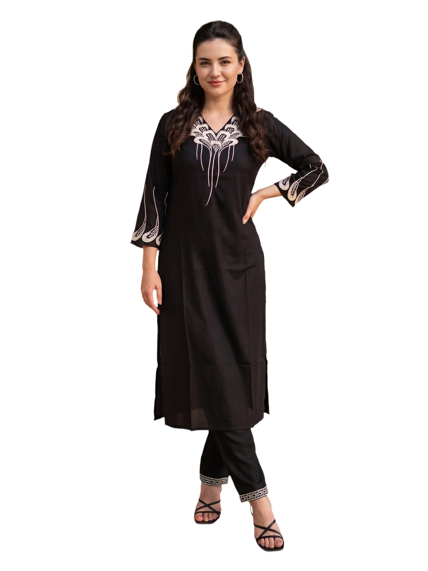 indo era Women's Viscose Rayon Embroidered Thread Work Kurta & Pant Set (IEAI13193)-picture-21