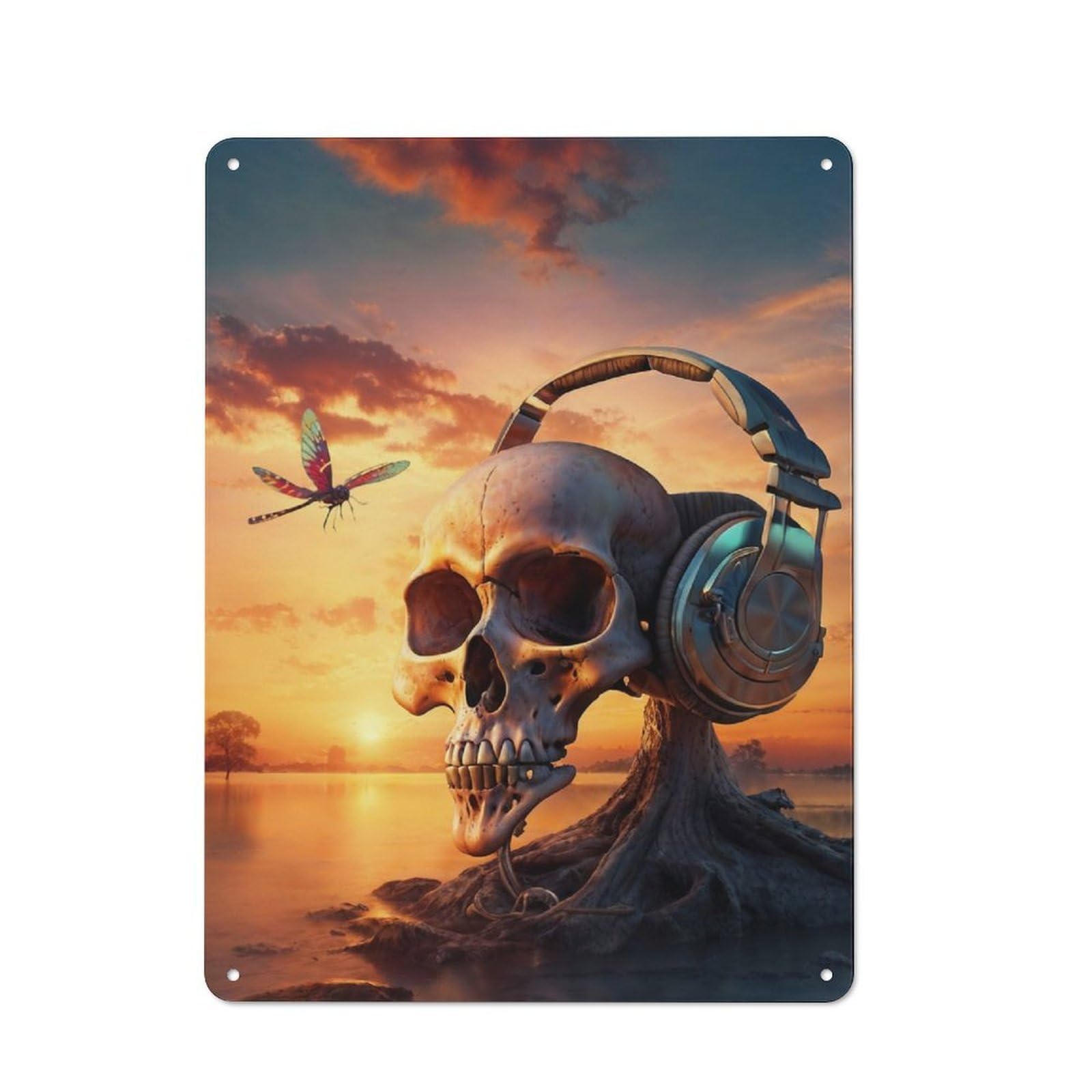 Junmoney Surreal Sunset Music Skull Vintage Metal Plaque 40X30cm For Dining Room Or Kitchen, For Home Decor Collectors Refreshing A Room In Autumn