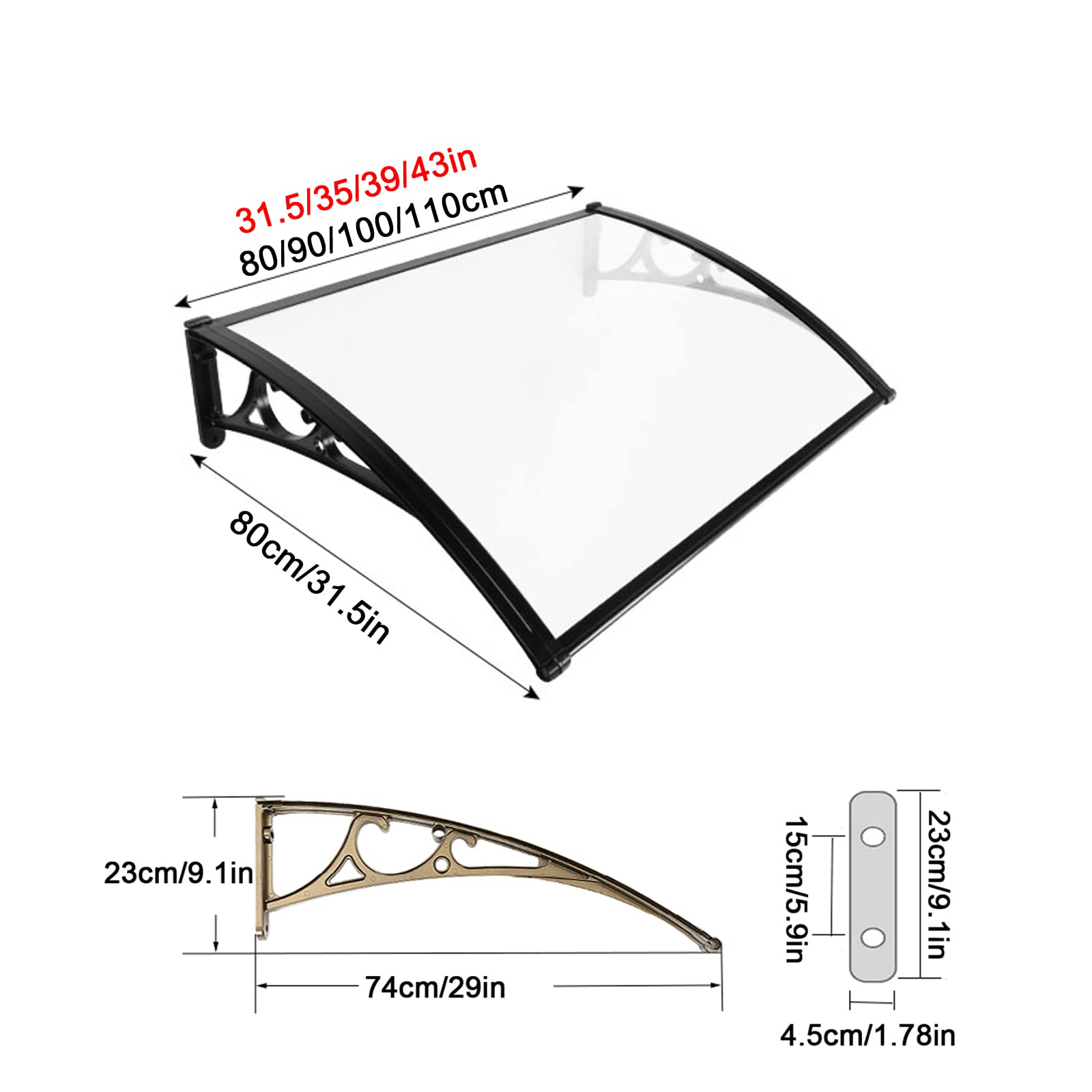 Toldo para puerta, toldo curvo para puerta delantera, cubierta para refugio contra la lluvia para ventana exterior, toldos para techo, protección contra la nieve UV, tablero de policarbonato transpar