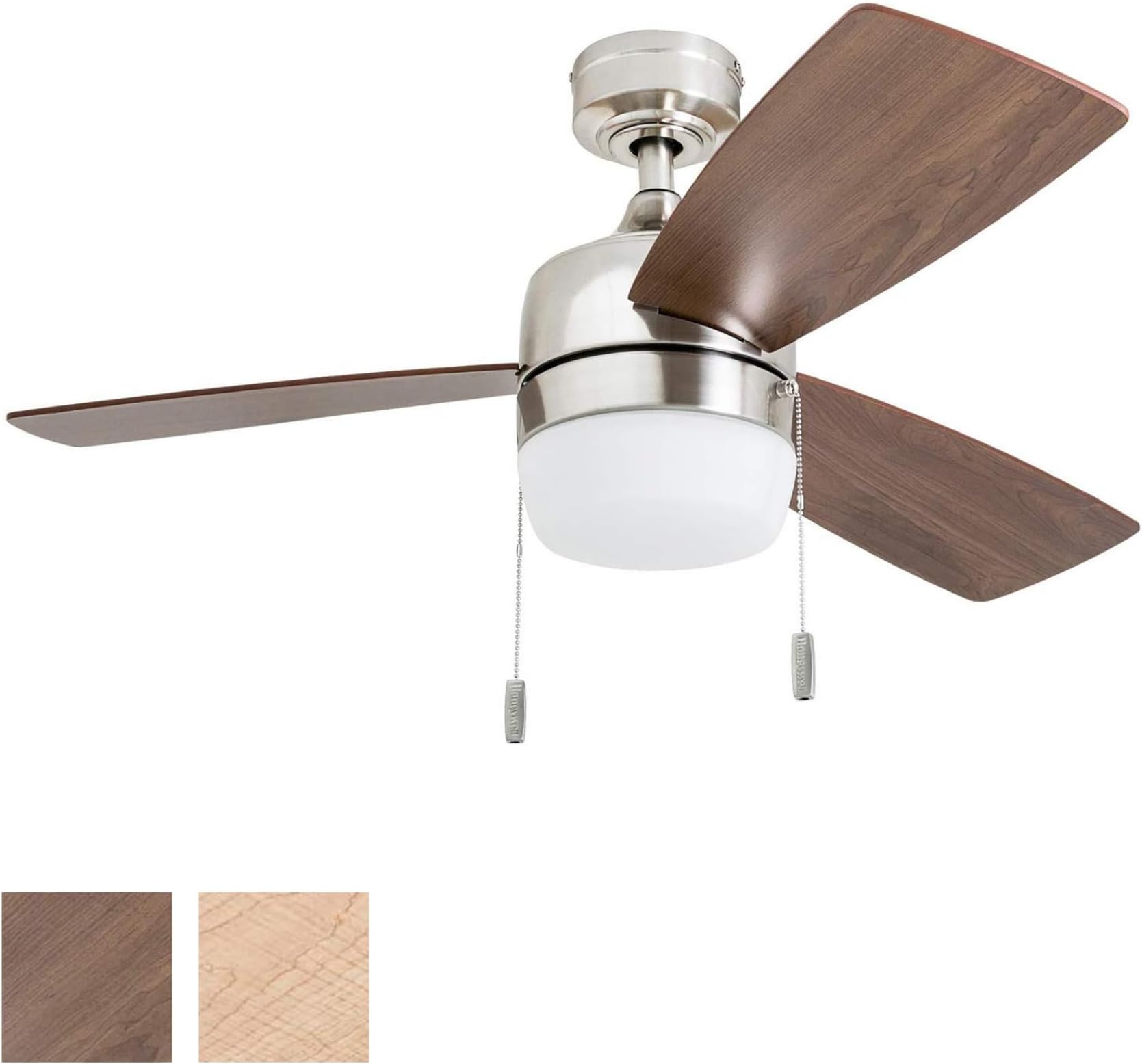 Honeywell Ceiling Fans Barcadero Modern 44 Inch Ceiling Fan with Light, Pull Chain LED Indoor Fan with 3 Blades, Maple and Brown Maple Blade Finish Options, Brushed Nickel (50616-01)