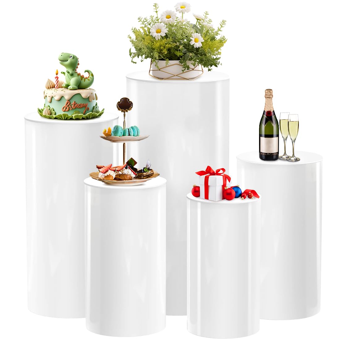 Pohoudy Cylinder Stands for Party - 5pcs White Pedestal Stand, Cilindros Para Fiestas Redondos Blancos, Round Pedestal Display Plinth, Cake Stands Table Pillars for Birthday Party Wedding