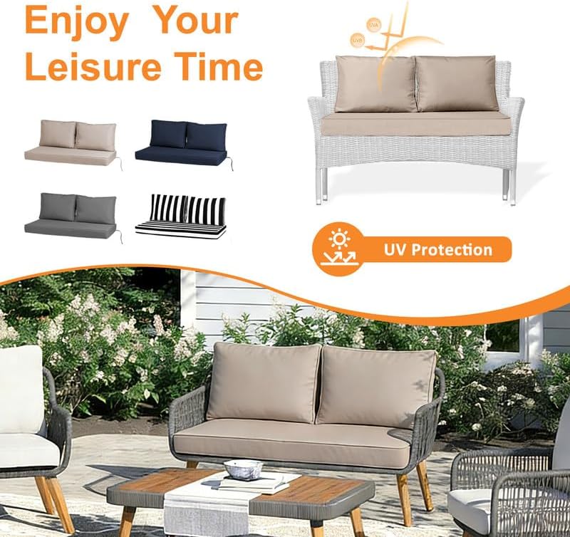 Loveseat Cushions Outdoor 3 Pcs, 48*24*5 in Bench Swing Cushions with Replaceable Cover, Waterproof & Fade-Proof Patio Furniture Couch Cushion, for Patio, Lawn, Balcony, Garden, Resort, Khaki