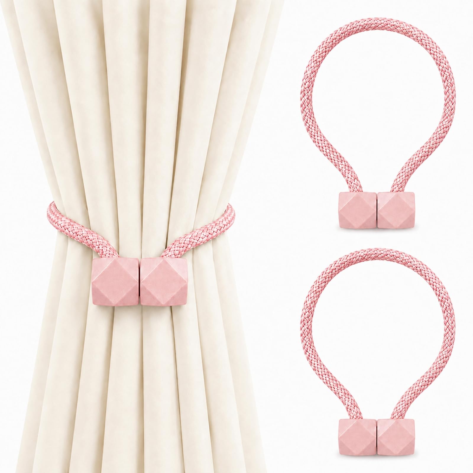 Magnetic Curtain Tie Backs, Braided Cord, Square Fastenings, Pink, 2-Pack