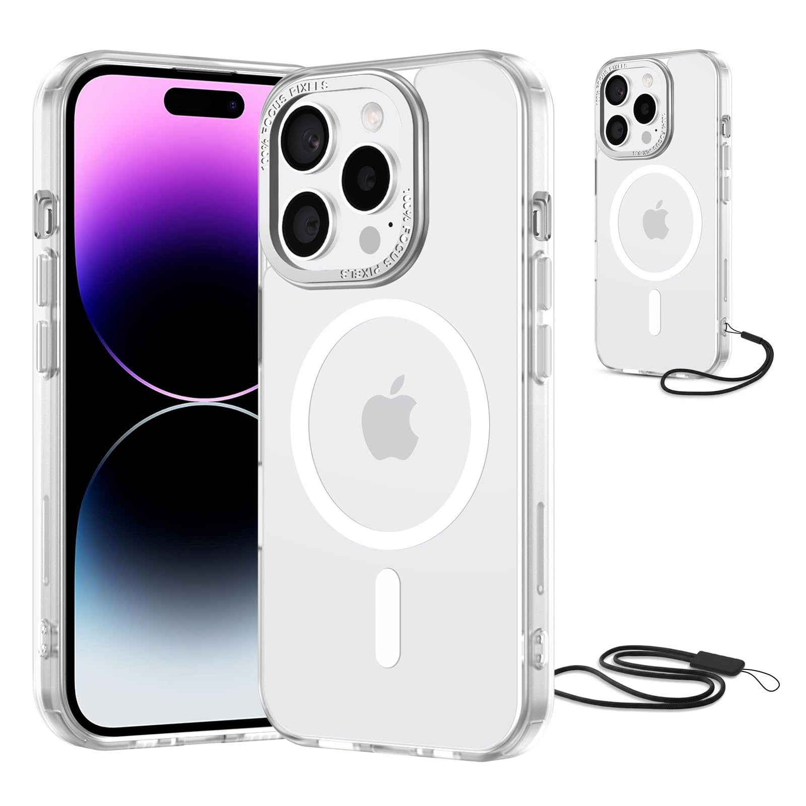 NEW'C Magnetisch Hülle für iPhone 14 Pro Max (6,7 Zoll) kompatibel mit MagSafe Ultimate, stoßfest-starker Magnetismus und militärischer Schutz-Matte, durchscheinende Hülle mit Umhängeband-Weiß