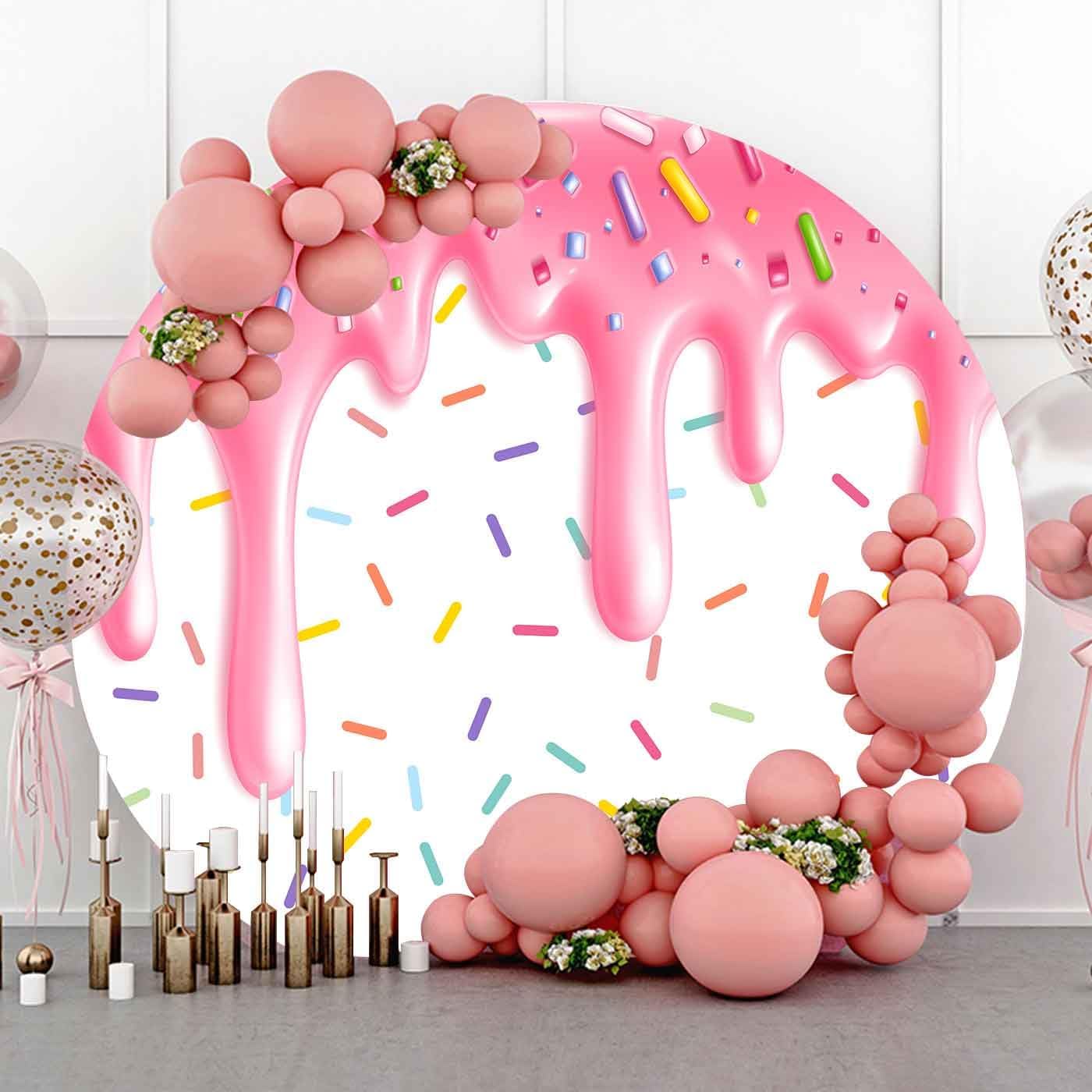 7.2ft Donut Theme Round Backdrop Cover, Flannel Pink Donut Grow Up Confetti Sprinkle Birthday Circle Backdrop Cover, Baby Shower Chic Circular Arch Cover YMBXTPH275