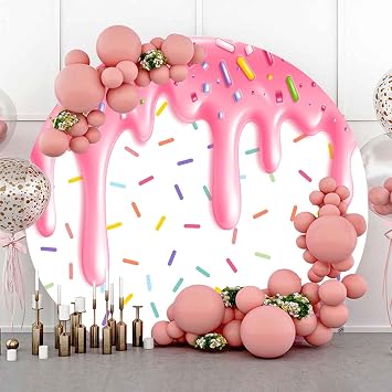 7.2ft Donut Theme Round Backdrop Cover, Flannel Pink Donut Grow Up Confetti Sprinkle Birthday Circle Backdrop Cover, Baby Shower Chic Circular Arch Cover YMBXTPH275