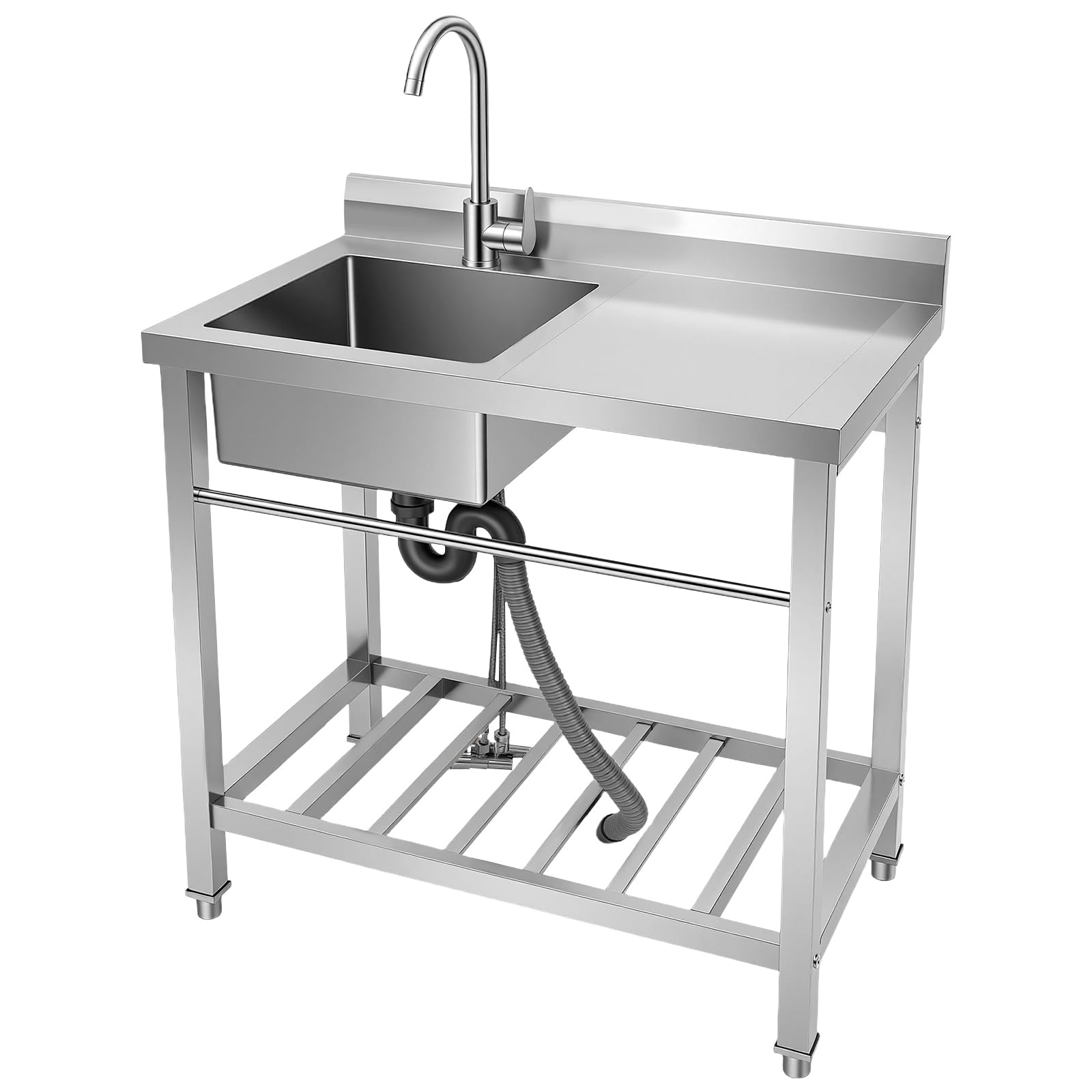 Freistehende Edelstahl Spültisch,Einschalen-Küchenspüle Gewerbliche Restaurant-Küchenspüle mit 360° Schwenkbare Wasserhahn und Handtuchhalter,80 * 55 * 84cm (Linker Waschbecken)