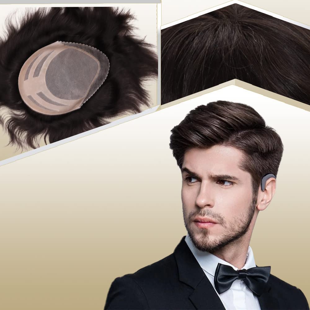 Lishy Men's Hairpiece Human Hair Replacement Systems Toupee for Men Thin Skin with Mono Lace Top and the Durable PU Back 10x8inch Medium Density Free