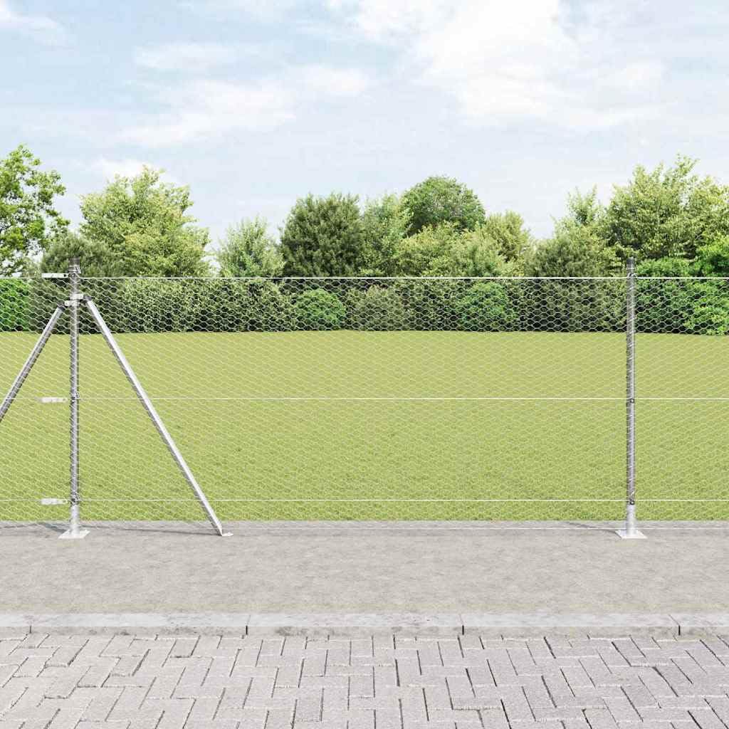 Płot ogrodowy ze stali powlekanej PCW, 1 x 25 m, srebrny, ze słupkami, wytrzymała siatka druciana dla kurczaków, ogrodu, zwierząt domowych, ochrona, rolka