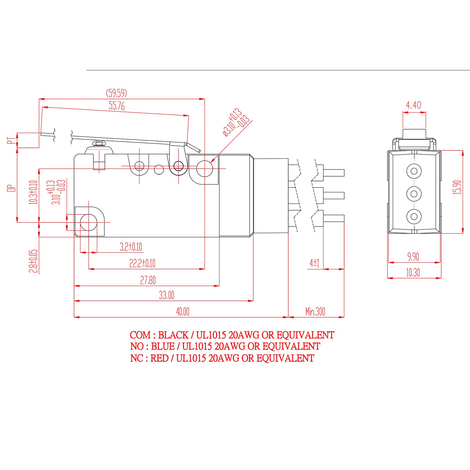 CLDIY Wasserdichter Mikroschalter IP67 – 10A 125/250V, 1NO+1NC+COM, Langer Gerader Hebel, 30cm Kabel