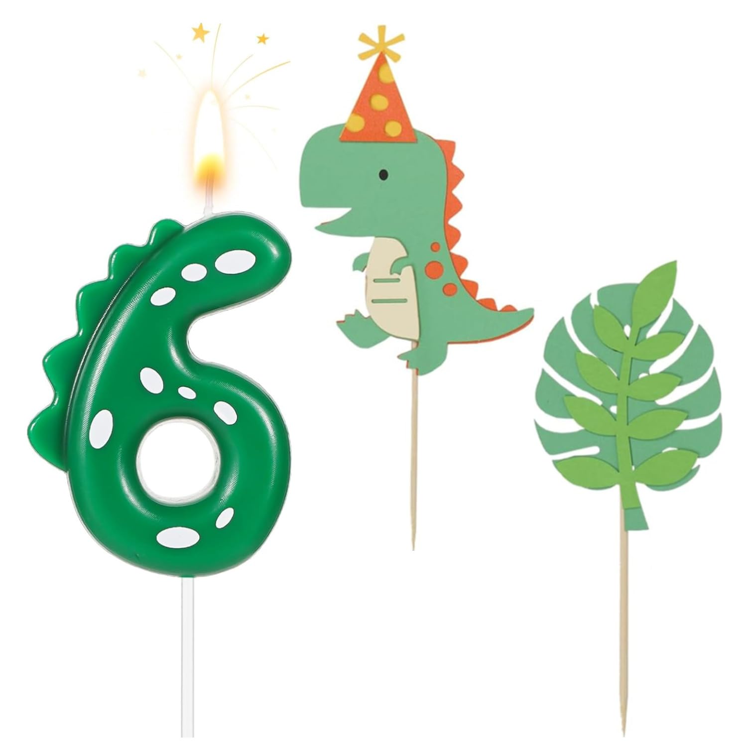 ZHjuju Dinosaur Birthday Candles, Green Number 6 Cake Candles with Dino Toppers for Themed Party Decorations, Birthday Supplies for Cake & Cupcake Décor