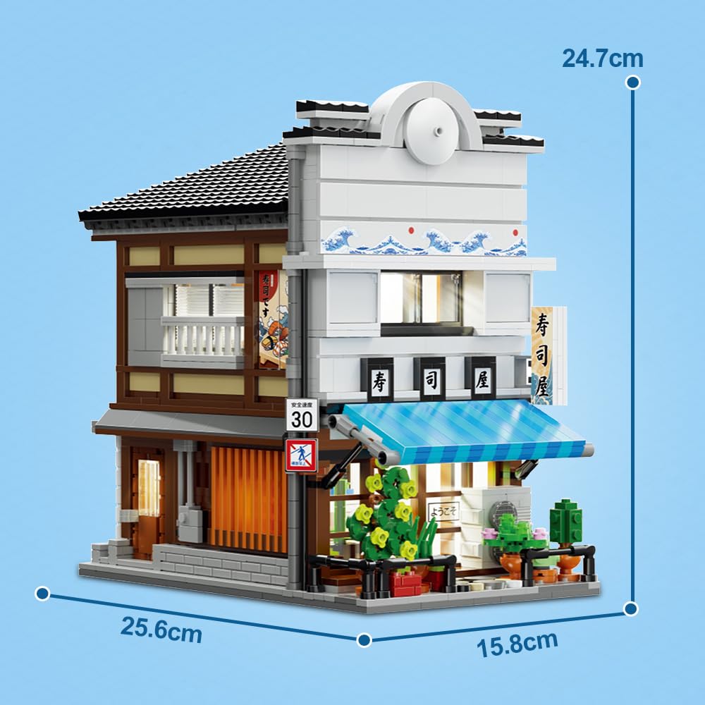 CaDA Master Japanisches Sushi-Haus Bausteinset C66018W Kreativer Stadtbaustein-Bausatz mit Beleuchtung, 1665 Teile Straßenhaus-Idee Geschenk für Erwachsene