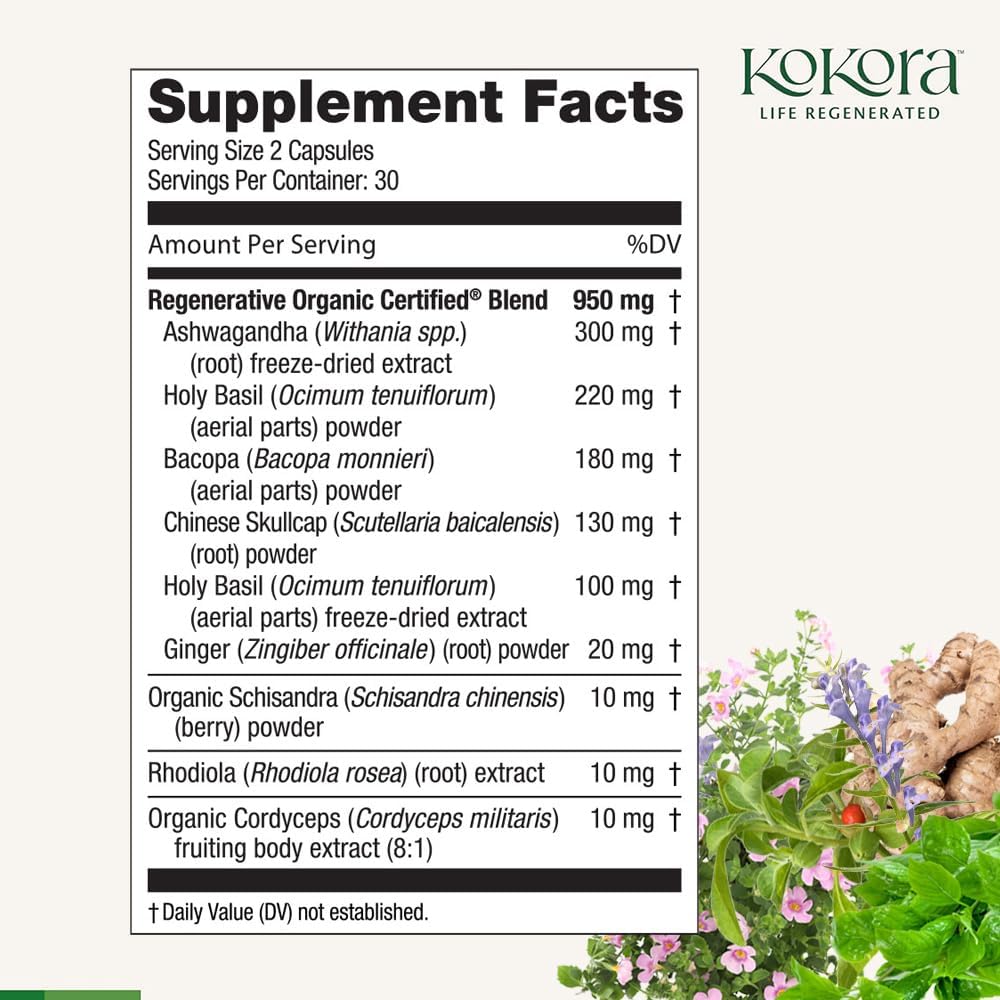 6188hsQRaHL._AC_SL1000_ Regenerative Adrenal Support - Regenerative Organic Certified Adaptogen Blend - Vegan & Gluten-Free - Supports Healthy Adrenal Function, Balanced Energy & Stress Resilience - 60 Capsules