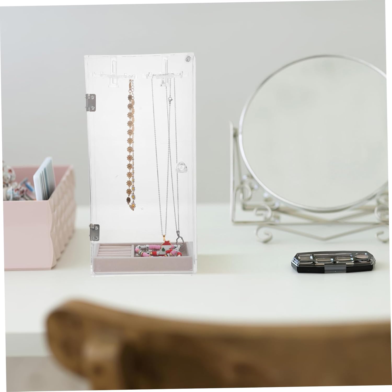 Rotating Jewelry Organizer Transparent Necklace Holder Stand with Velvet Ring Display Convenient Storage for Bracelets Pendants Earrings for Home Travel
