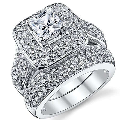 Women's 1Ct. Sterling Silver 925 Princess-cut Double Halo Cubic Zirconia Wedding Engagement Ring Set