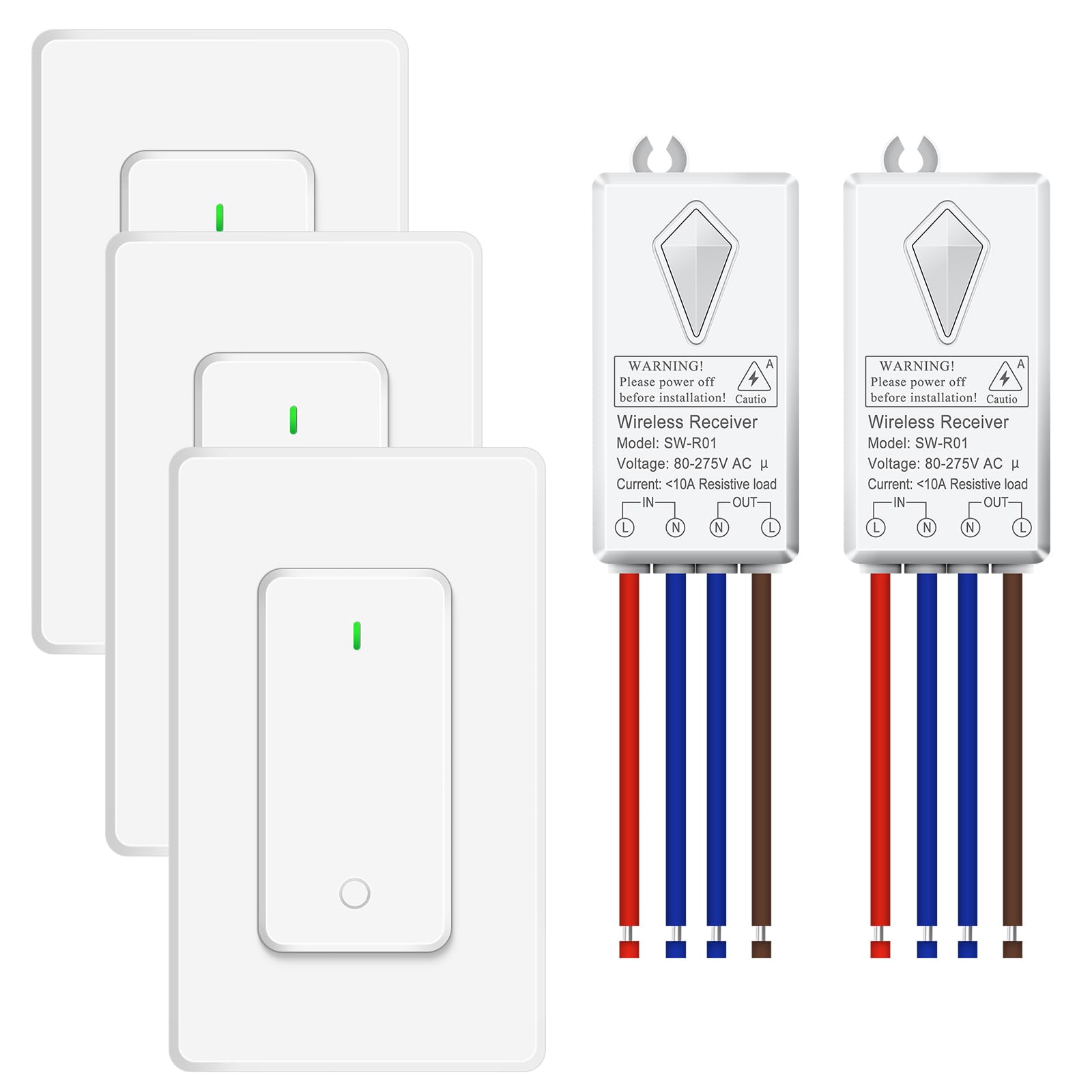 NineLeaf Wireless Light Switch and Receiver Kit,Remote Wall Switch No Wiring Needed,1300FT RF Range for 1000W LED Lights,Ceiling Lights,Fans,IP66 Waterproof for Bathroom,3SW+2REV