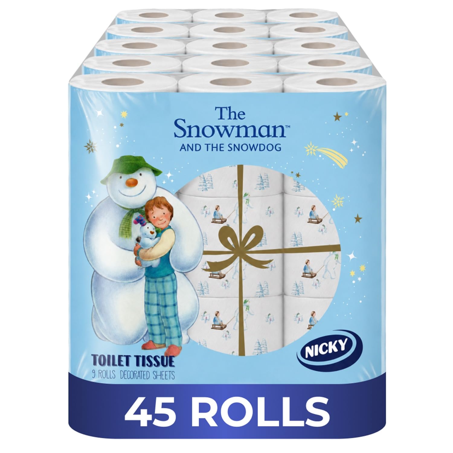 Nicky Snowman, 45 Rolls of Toilet Tissue, 3-Ply | 160 Sheets per roll, The Offical Snowman and Snowdog Decorated Sheets, FSC Certified Paper