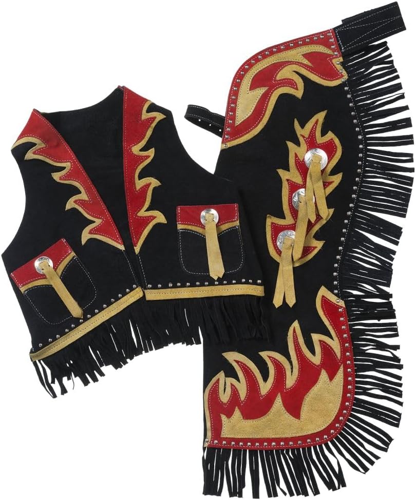 Tough 1 Bucking Horse & Flames Premium Youth Chap and Vest Set Black Large