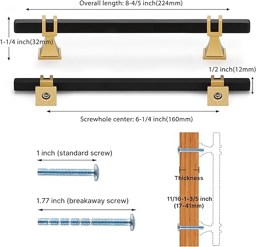 Miniatura 2 de Haliwu Paquete de 10 tiradores de gabinete negros, manijas de gabinete negras y doradas, tiradores cuadrados para cajones, manijas de armario de
