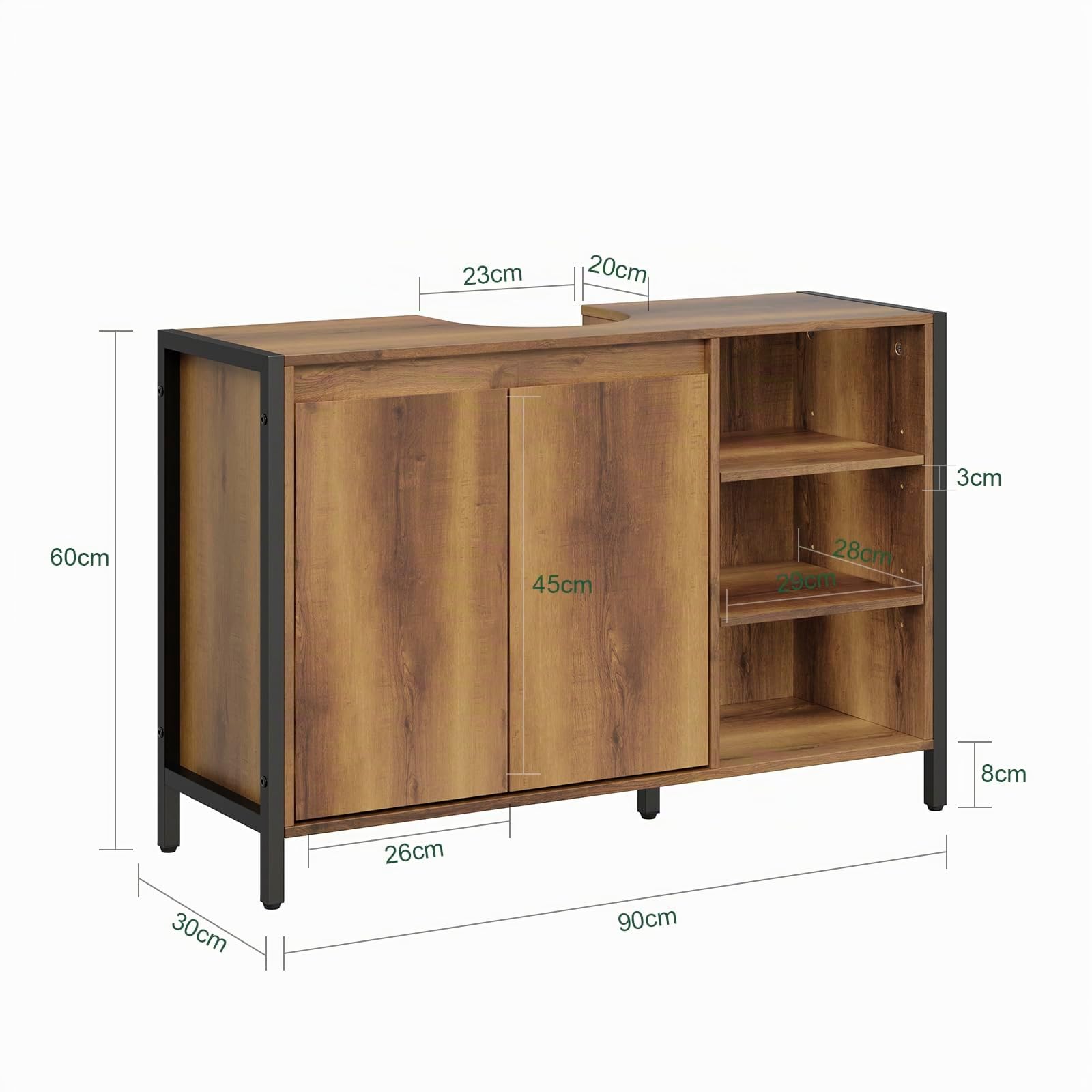 SoBuy Mueble Bajo Lavabo 90cm con Corte para Sifón para Baño | Muebles para Lavabo con Puertas y Estantes Abiertos, Armario Baño Auxiliar Estilo Industrial Madera y Metal BZR63-L-PF
