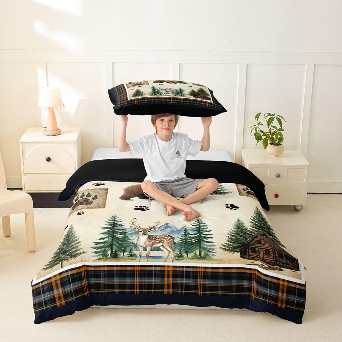 Erosebridal Rustic Cabin Toddler Comforter Cover Bear Deer Wild Animals Duvet Cover for Kids Teens Buffalo Plaid Ginham Bedding Set Woodland Bear Paw Print Bed Set with Zipper Farmhouse Decor