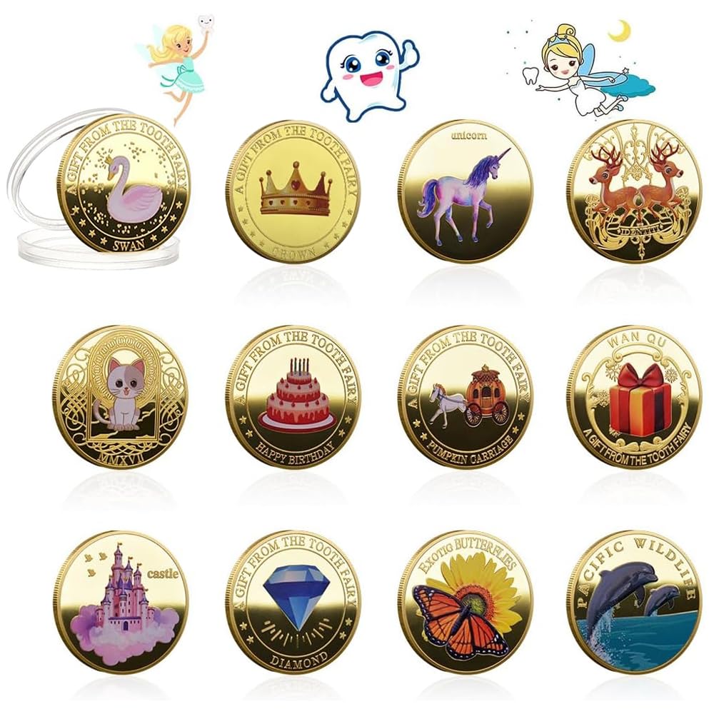 Palwin 12 Stück Zahnfee Münzen, Geschenk Zahnfee mit Verschiedenen Mustern, Zahnfee Goldtaler Kinder, Tooth Fairy Coins, Zahnfee Souvenirs für Mädchen Junge