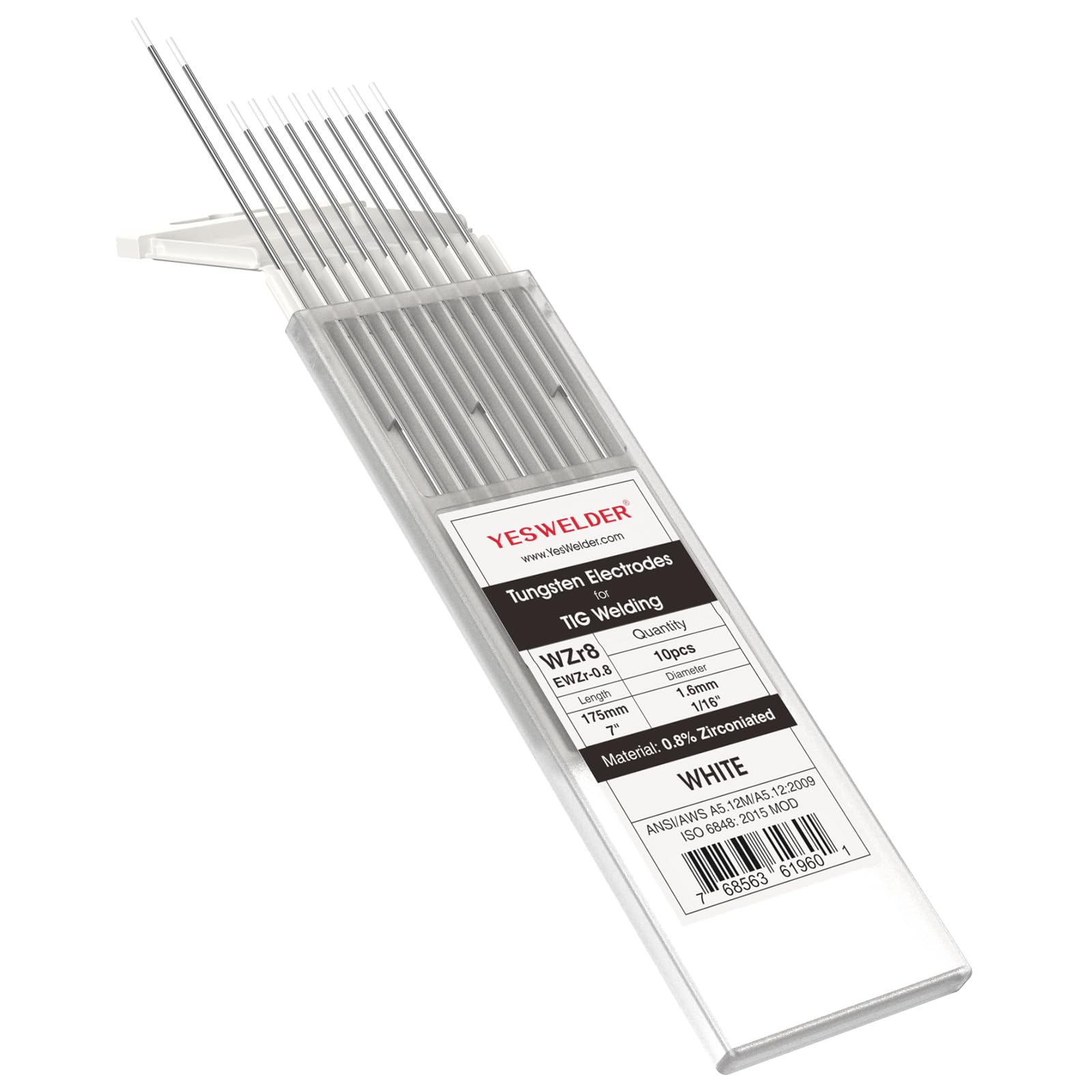 YESWELDER TIG Welding Tungsten Electrode 0.8% Zirconiated 1/16" x 7" (White, WZ8/EWZr-0.8) 10-pk