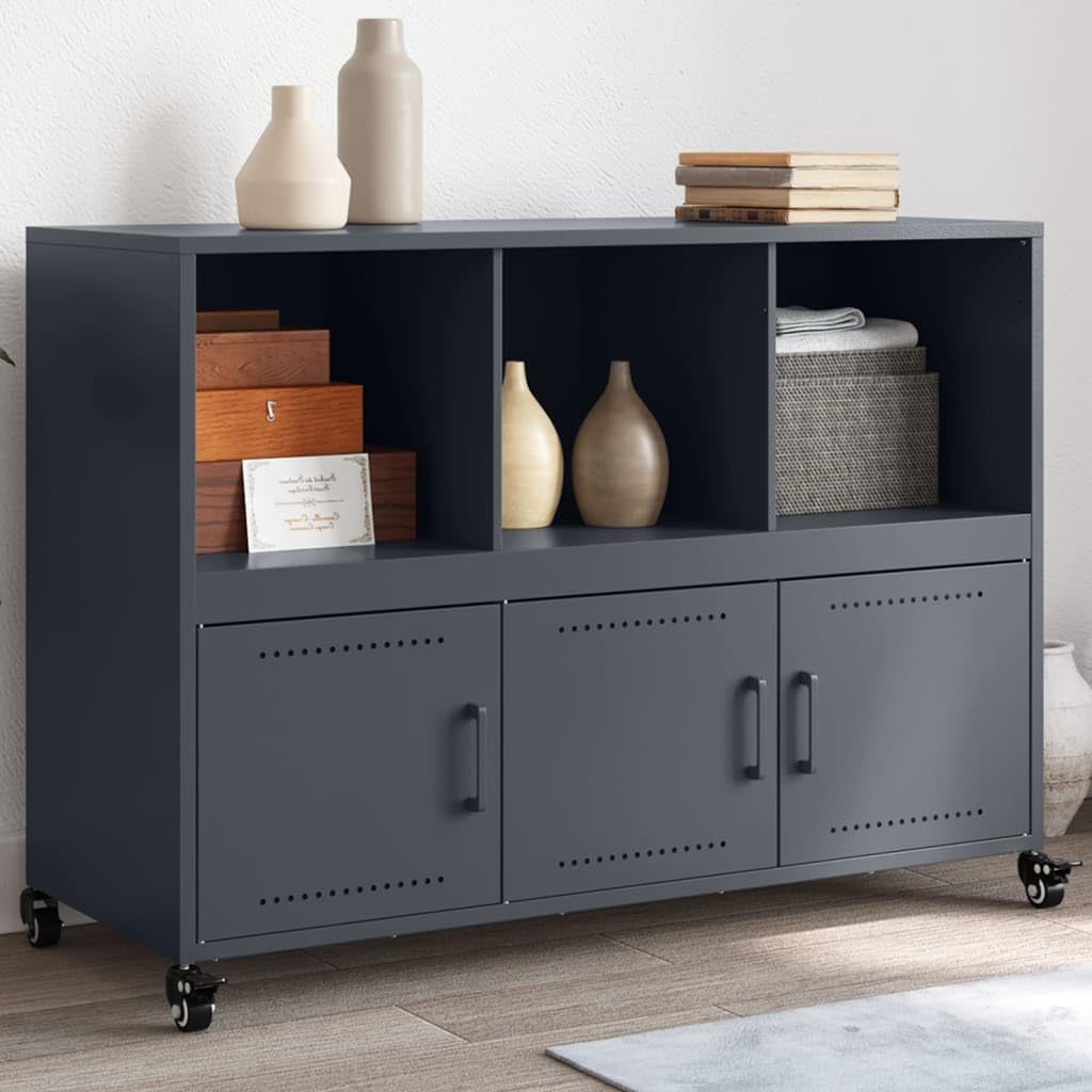 Credenza antracite, 100,5 x 39 x 72 cm, in acciaio, con ruote