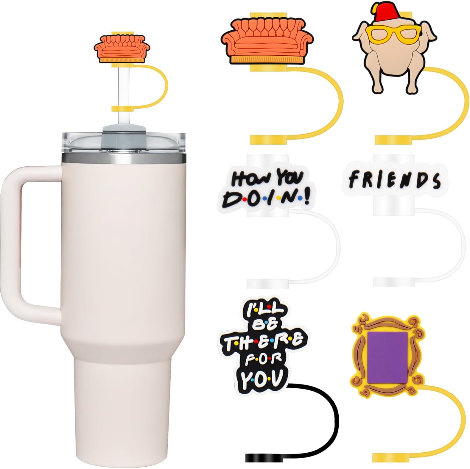 6Pcs FRIENDS Straw Cover,Silicone Straw Covers Cap for Stanley Cup Accessories 30oz & 40oz Tumbler Cups,Leak Proof Friends Straw Topper for 8mm Straws,Friends TV Show Merchandise