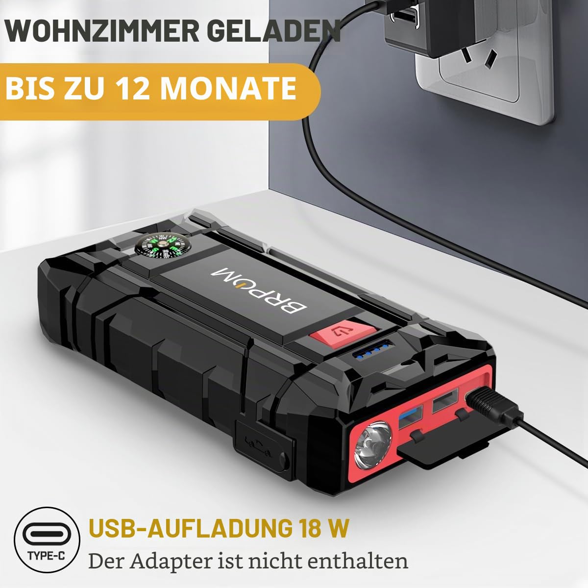 BRPOM Starthilfe Powerbank Spitzenstrom Auto Starthilfe mit LCD-Display (2000A)