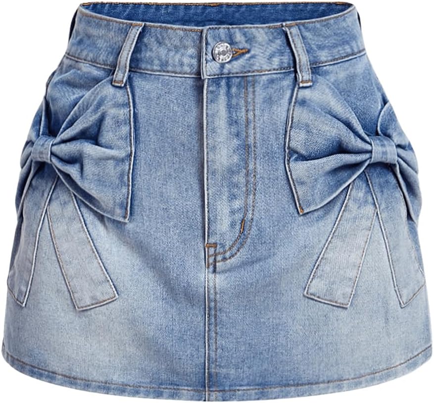 Milumia Women's Bow Knot Front Bodycon Denim Jean Mini Skirt with Pocket