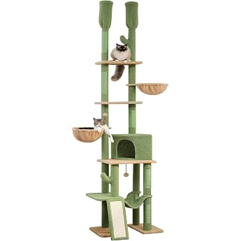 PETEPELA Cactus Cat Scratching Post Ceiling High Cat Tower with Large Condo Adjustable Height 216 cm - 285 cm 5 Tiers Cat Activity Centre with Cozy Hammock Platforms and Dangling Balls Green