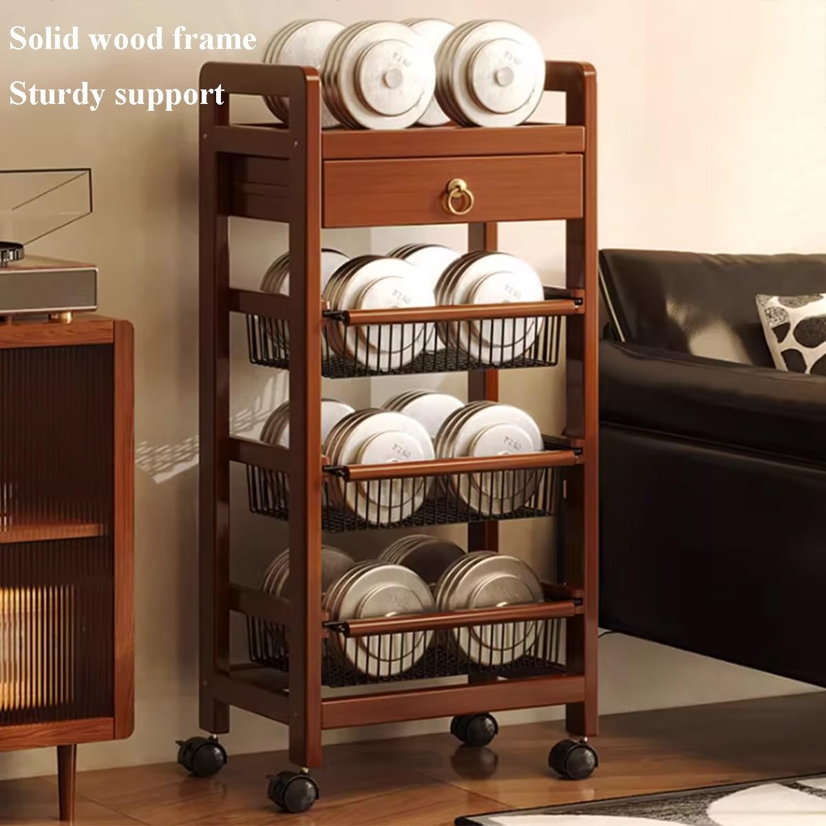 Carrello Portaoggetti Con Ruedas Compacto Con Cestas Extraíbles Y Superficie De Madera Organizador Móvil De Almacenamiento Para Cocina Con Asa Para Espacios Reducidos(4-Tier)