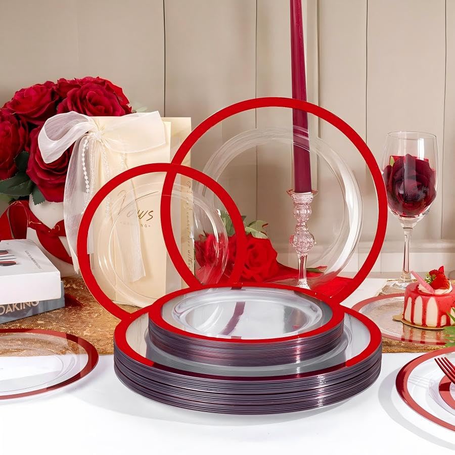 U-QE 120PCS Red Plastic Plates - Clear and Red Plate Disposable Heavy Duty - Include 60 10inch Dinner and 60 7inch Dessert Plates for Party, Wedding, Showers, Birthdays