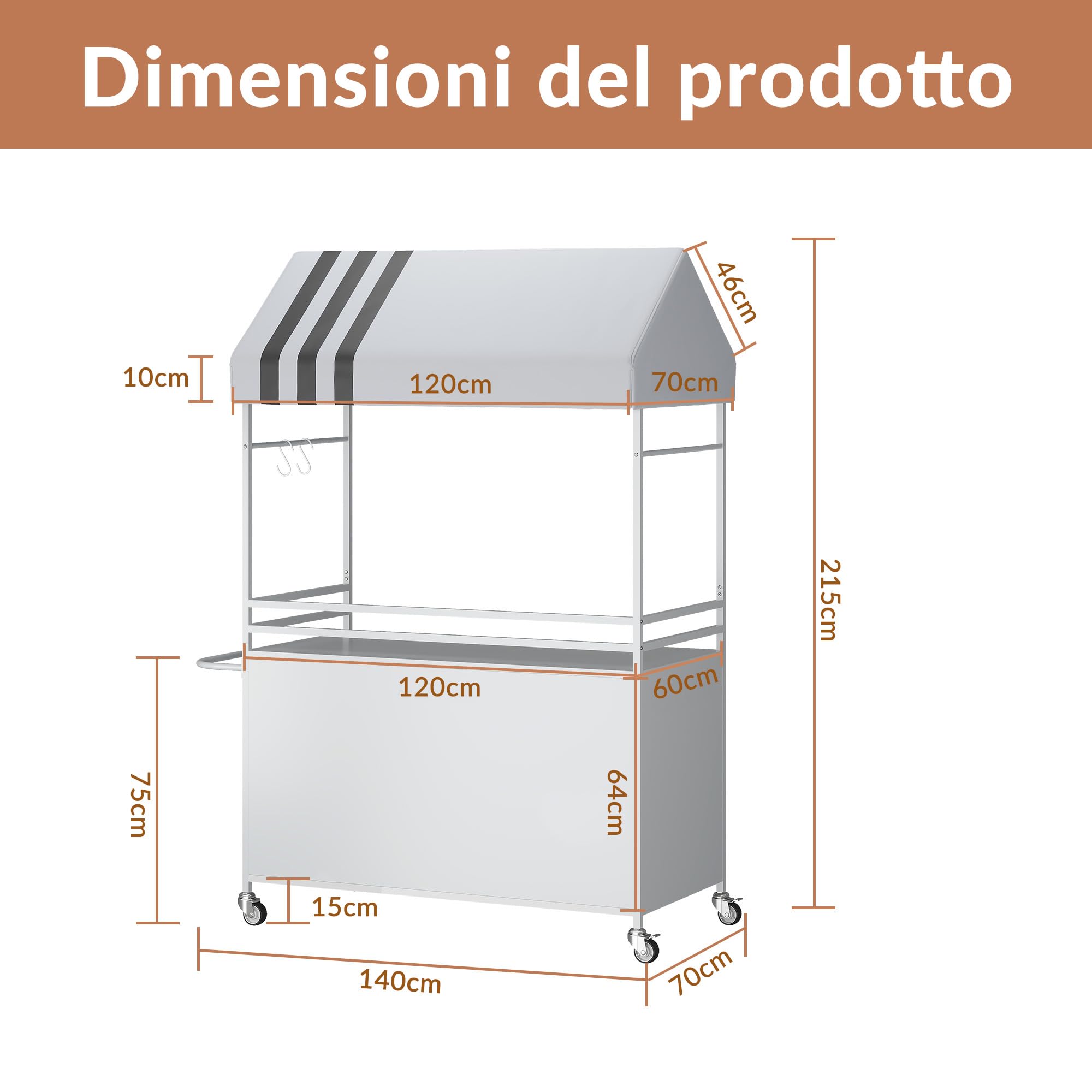 Carretto ambulante portatile con tettoia, carretto mobile per alimenti con ruote bloccabili, espositore da strada alto 215 cm, robusto, ideale per street food, caffè, eventi interni ed esterni.